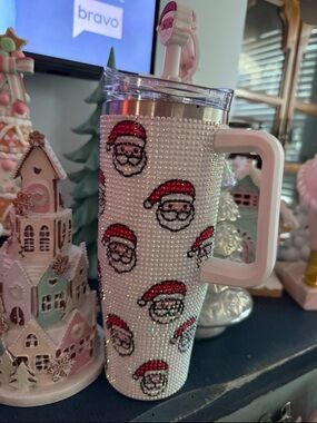 Festive Santa Rhinestone Travel Mug - White